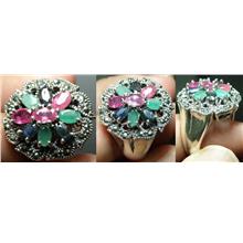 Elegance Ruby, Sapphire,Emerald flower design silver ring-11.78g-ER39