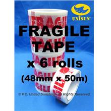 FRAGILE TAPE 48mm x 50m L x 6 ROLLS Plastic OPP Packing & Packaging