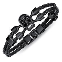 Youniq Titanium Steel Black Braid Genuine Leather Bracelet For Men - Skull