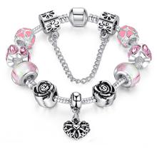Bamoer 925s Silver Pink Charm Bracelet Heart &amp; Roses Safety Chain