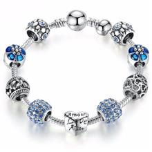 Bamoer 925s Silver Blue Charm Bracelet With Love &amp; Flower Crystal Ball