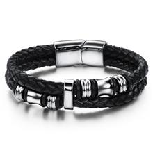 Youniq Duo Titanium Steel Circle Genuine Leather Bracelet Silver For Men