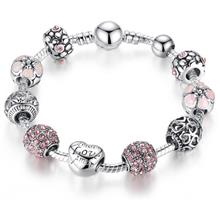 Bamoer 925s Silver Pink Charm Bracelet With Love &amp; Flower Crystal Ball