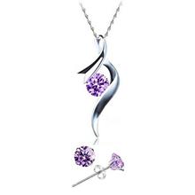 Youniq Ribbon 925s Silver Pendant With Purple Cz Necklace &amp; Earrings Set