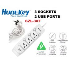 HUNTKEY SZL307 POWER STRIP SURGE PROTECTOR 3 PLUG + 2 USB 2METER EXTENSION SOC