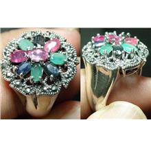 Elegance Ruby, Sapphire,Emerald flower design silver ring-11.78g-ER39