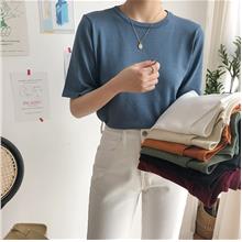 Plain Color Versatile Basic Knitted Short-Sleeved T-Shirt
