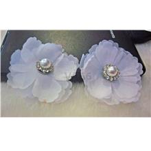 Fabric Flower Earrings Handmade Organza White Floral Pearl Rhinestone