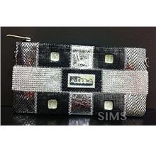 Wristlet Bag: Silver/ Black bling Leather, Bling pouch Clutch Handbag