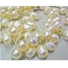 DIY 15" M Fresh Water Cultured Pearls 2 Way Beads Oval Puffy White Bea